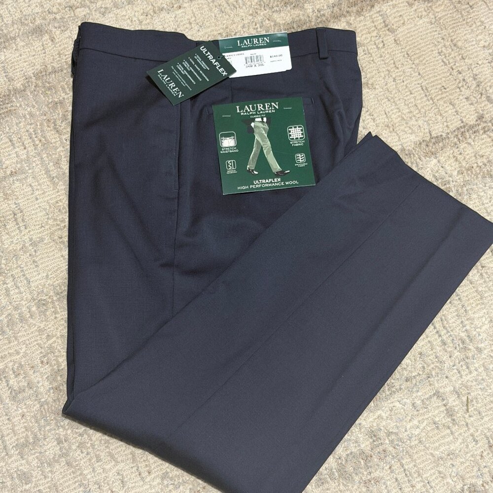 Lauren Ralph Lauren Wool Flat-Front Performance Pants 34x30 Navy